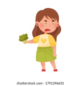 Little Girl Character Showing Dislike Towards Broccoli Vector Illustration