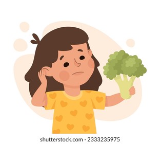 Personaje de Niña Pequeña Mostrando Disgusto y Descontento Sosteniendo Ilustración Vector Broccoli