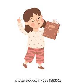 Little Girl Character Standing and Tell Story or Recite Poetry from Book Vector Illustration