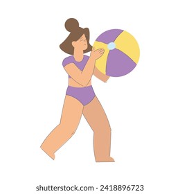 Little Girl Character in Swimsuit Play Ball Enjoying Summer Vacation and Seaside Rest Vector Illustration
