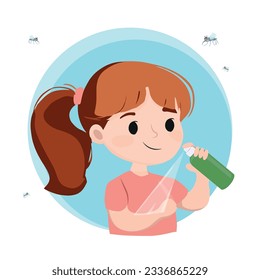 Little Girl Character Use Repellent for Mosquitoes Protection made of Natural Ingredients, Designed To Prevent Insect Bites And Related Diseases In Children. Cartoon People Vector Illustration