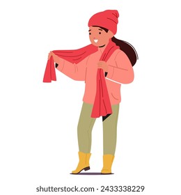 Little Girl Character Wraps Herself In A Cozy Knitted Scarf And Snugly Fits A Winter Hat Over Her Ears, Ready For A Chilly Walk. Excitement Sparkles In Her Eyes. Cartoon People Vector Illustration