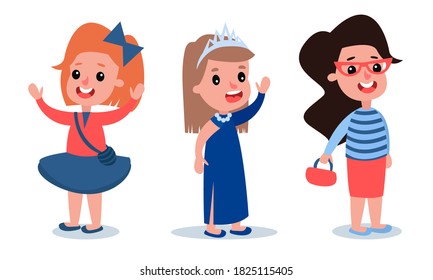 Little Girl Characters Dressed in Fashionable Garment Vector Set