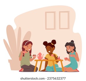 Little Girl Characters Gather For A Charming Tea Party. Delicate Teacups, And Giggles Fill The Air As They Sip Imaginary Tea And Share Laughter In A Delightful Setting. Cartoon Vector Illustration