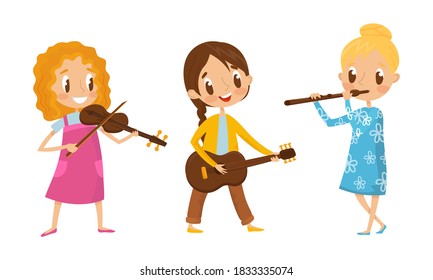 Little Girl Characters Playing Flute and Guitar Vector Illustration Set