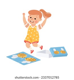 Niña Pequeña Que Alegra Por Ensamblar La Ilustración Del Vector De Rompecabezas De Jigsaw