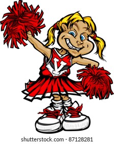 Little Girl Cheerleader with Pom Poms Vector Illustration