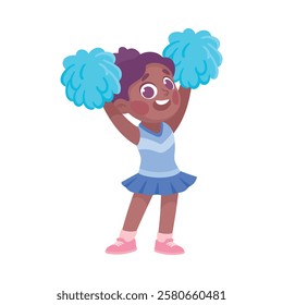 Little Girl In Cheerleader Uniform Cheering with Pompoms Vector Illustration