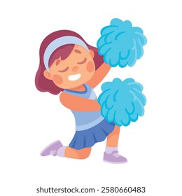 Little Girl In Cheerleader Uniform Cheering with Pompoms Vector Illustration