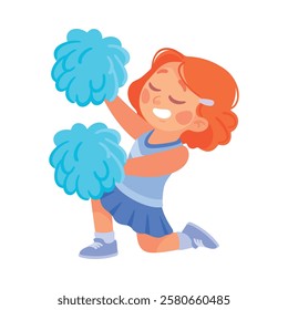 Little Girl In Cheerleader Uniform Cheering with Pompoms Vector Illustration