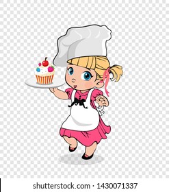 Little Girl Chef with Cake on Plate, Kid in Apron and Hat with Cake on Tray, Baby Menu Character, Cooker, Cooking Child Isolated on Transparent Background, Cartoon Flat Vector Illustration, Clip Art.