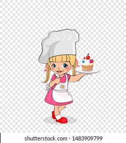 Little Girl Chef with Cake on Plate, Kid in Apron and Hat with Cake on Tray, Baby Menu Character, Cooker, Cooking Child Isolated on Transparent Background, Cartoon Flat Vector Illustration, Clip Art.