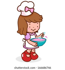 Little girl chef cooking. Vector illustration