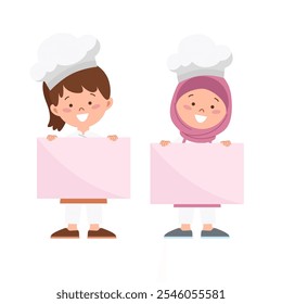 Little girl chef is holding blank paper or blank board