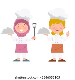 Little girl chef holding serving hood and spatula