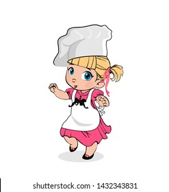 Little Girl Chef in White Apron and Hat, Kids Menu Character, Adorable Cooker Baby, Cooking Blonde Child in Pink Dress Isolated on White Background, Cartoon Flat Vector Illustration, Clip Art.