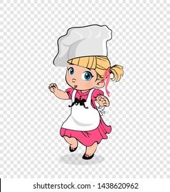 Little Girl Chef in White Apron and Hat, Kids Menu Character, Adorable Cooker Baby, Cooking Blonde Child in Pink Dress Isolated on Transparent Background, Cartoon Flat Vector Illustration, Clip Art.