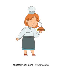 Little Girl Chef in White Toque and Jacket Holding Plate with Served Appetizing Meal Vector Illustration