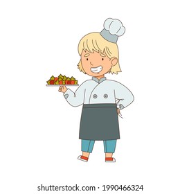 Little Girl Chef in White Toque and Jacket Holding Plate with Served Appetizing Meal Vector Illustration