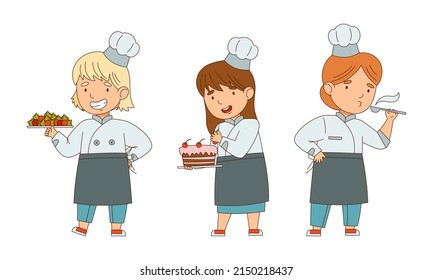 Little Girl Chef in White Toque and Jacket Holding Plate with Served Appetizing Meal Vector Illustration Set