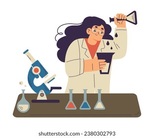 Little Girl Chemist and Scientist with Flask and Microscope in Chemistry Lab Doing Scientific Experiment Vector Illustration
