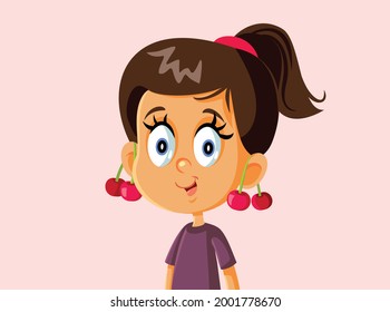 Little Girl with Cherries on Her Ears Vector Illustration. Cute, adorable child enjoying summer and its tasty fruits
