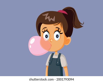 Little Girl Chewing Bubble Gum Vector Illustration. Happy little child popping gum bubbles
