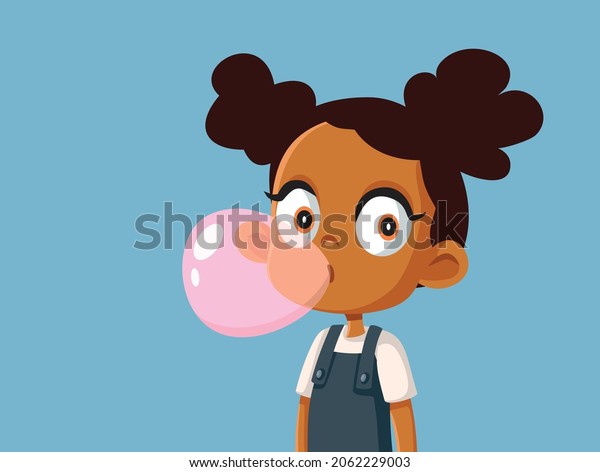 Little Girl Chewing Bubble Gum\
Vector Illustration. Happy little child popping gum\
bubbles\
