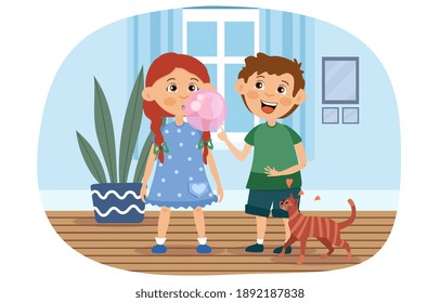 Little girl chewing gum and blowing bubbles watched by her brother and the cat indoors at home, colored cartoon vector illustration