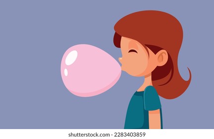 
Little Girl Chewing a Pink Strawberry Flavored Gum Vector Illustration. Cheerful child popping and chewing a pink strawberry flavored gum 
