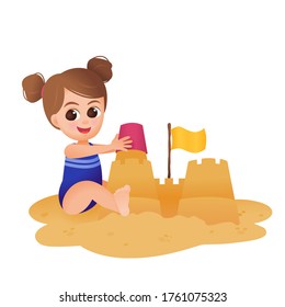 Little girl child builds a sand castle on the beach vector illustration