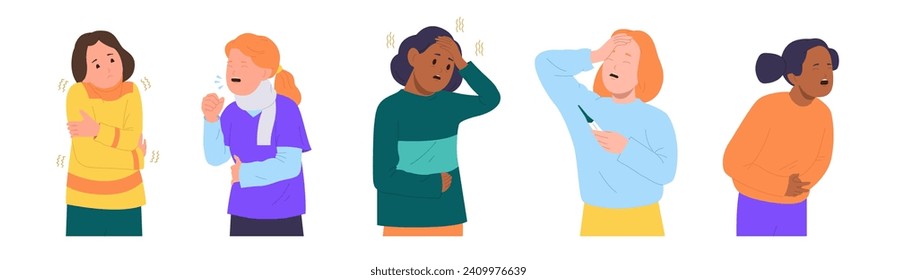 Little girl child cartoon characters with sickness symptom suffering from different kind of pain