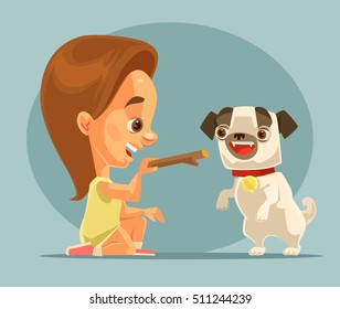 Little girl child character training dog puppy character with bone. Best friends. Vector flat cartoon illustration 