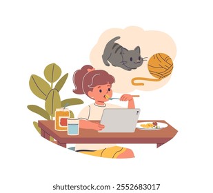 Personaje de niña viendo dibujos animados en la computadora portátil durante la hora de la cena en casa