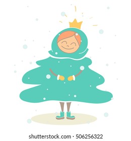 Little girl child in a festive Christmas tree costume enjoys the snow
