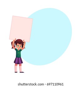 Little girl, child, kid holding blank empty poster, board, message or presentation element, cartoon vector illustration with space for text. Little girl holding empty, blank poster over head