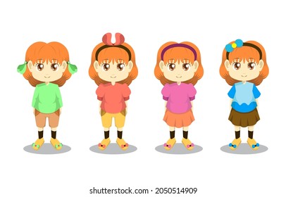 Little Girl Child Kid Standing Clothes Hair Front Vector Cartoon Set