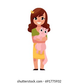 Little girl, child kid standing, holding a cat, smiling happily, cartoon vector illustration on white background. Full length portrait of little smiling girl holding, hugging big cat