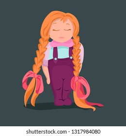 Little girl, child with long red hair, eyes closed.
It is in children's overalls, hair tied with bows

