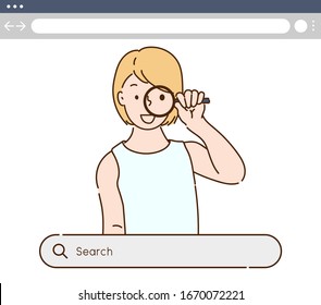 Little girl child looking through a magnifying glass. Concept for browser search website Page. Hand drawn thin line style, vector illustrations.
