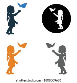 little girl Child playing with a butterfly toy, icon. Editable vector isolated on a white background