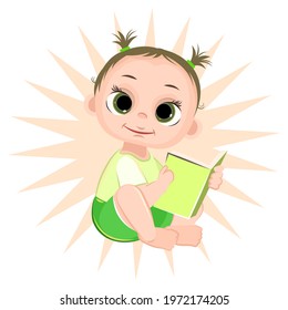 Little girl child sits while reading a book. Isolated object on a white background. Cheerful kind and funny flat style cartoon. Preschool age. Childhood Vector.