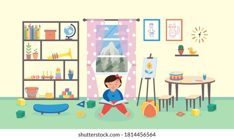 Little girl in child study room interior reading a book. Cartoon kid sitting on the floor surrounded by kindergarten toys and preschool education supplies, vector illustration.