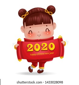 Little girl with Chinese scroll 2020. Little Girls in Chinese style retro red smile. traditional red greeting card with traditional asian decoration. Chinese New Year. The year of the rat.