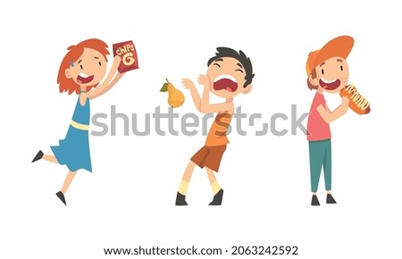 Little Girl with Chips and Boy Rejecting Eating Pear Fruit Vector Set