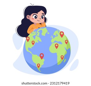 Little girl chooses a location point on the map, flat vector illustration isolated on white background. The concept of globalization. Cute cartoon female character, earth and pin.
