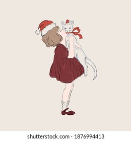 Little girl in Christmas cap holding cat