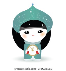 Little girl in christmas costume isolated on white. Funny Christmas retro illustration