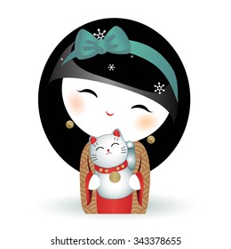 Little girl in christmas costume with maneki-neko cat isolated on white. Funny Christmas retro illustration