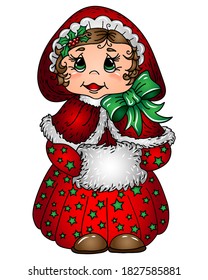 Little girl in a Christmas costume. Wall sticker Color, graphic, decorative portrait of a cute girl in a red Christmas costume. Digital vector drawing.